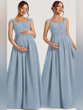 JJ House "Glencora" Dusty Blue Chiffon Maternity Bridesmaid Dress